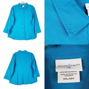 Jaclyn Smith Shirt Blouse Linen Women's Plus Size XXL Blue Button Up 3/4 Sleeve